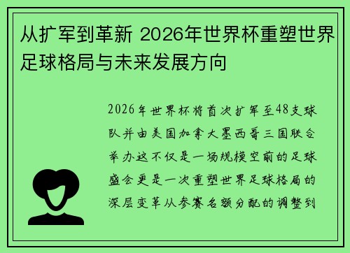 从扩军到革新 2026年世界杯重塑世界足球格局与未来发展方向 从扩军到革新 2026年世界杯重塑世界足球格局与未来发展方向